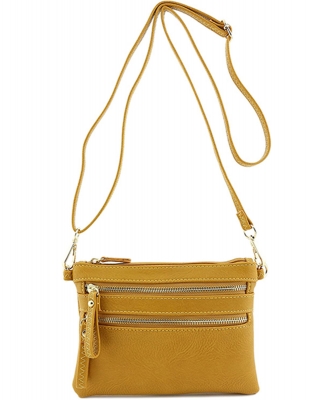 Multi-Pocket Zip Crossbody Bag with Small Wrist Strap WU001 MUSTARD